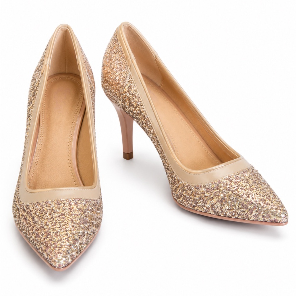 BRINLEY Co. Womens Kori Faux Suede Mesh Glitter Almond Toe Pump Heels Size 7.5
